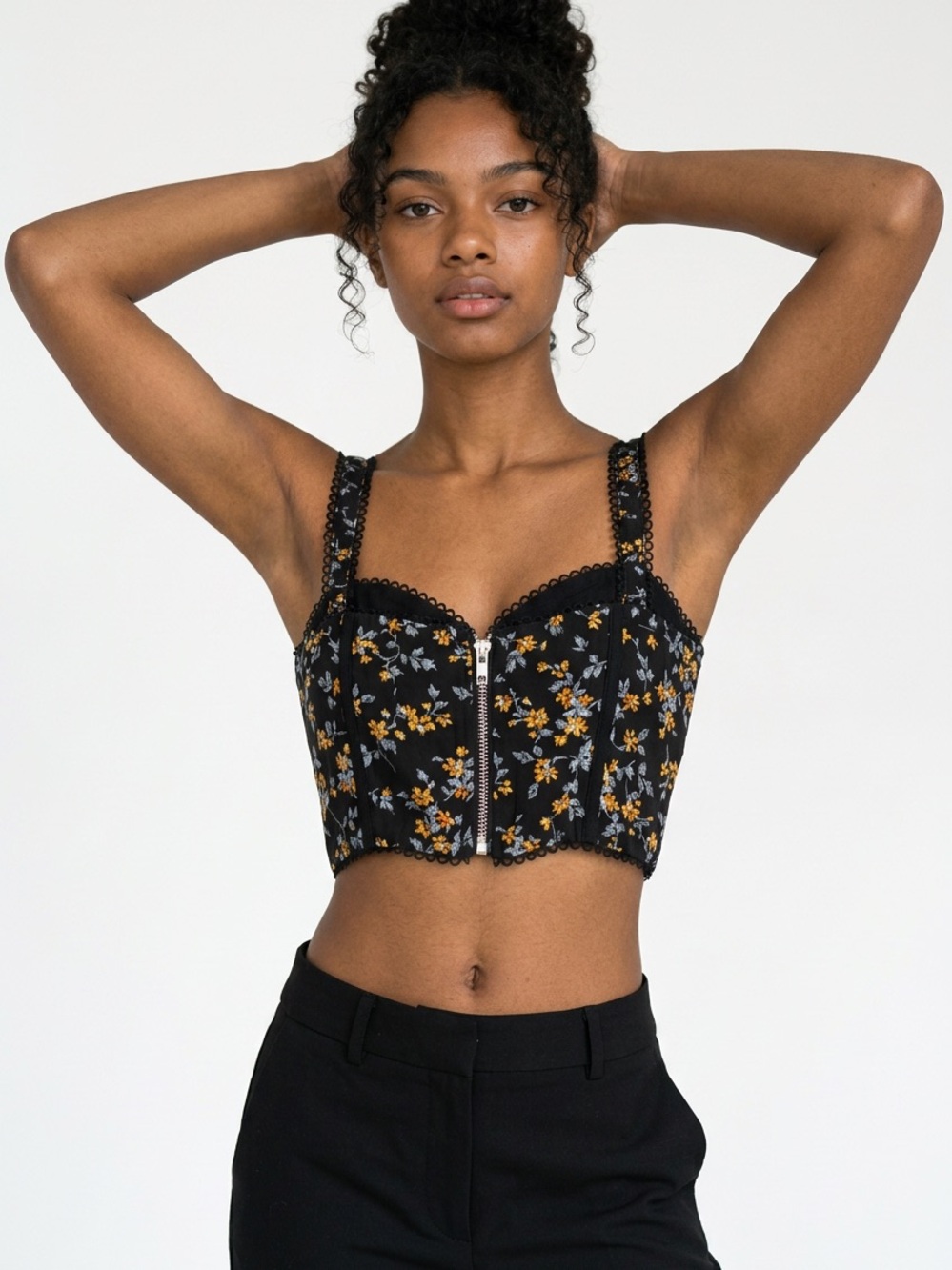 Blush Cropped Floral Zip Front Bustier Top - Black/Yellow Floral Sz S -new